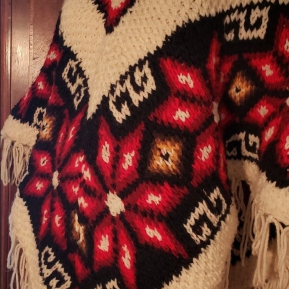 Vintage Mexican Hand Knitted Wool Fringed Poncho